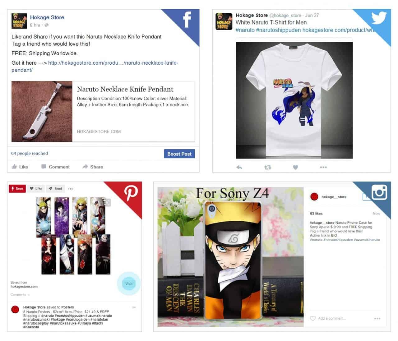 Screenshots of semi-automated posts published on Facebook, Twitter, Pinterest, and Instagram