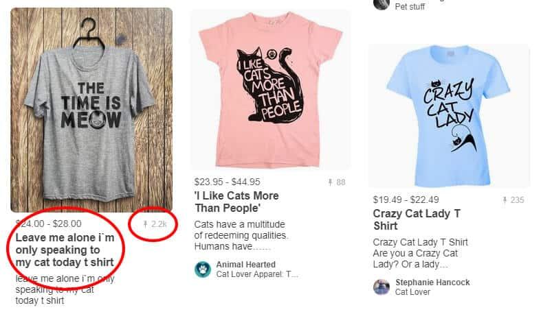 Pinterest search results showing three cat related T-shirts
