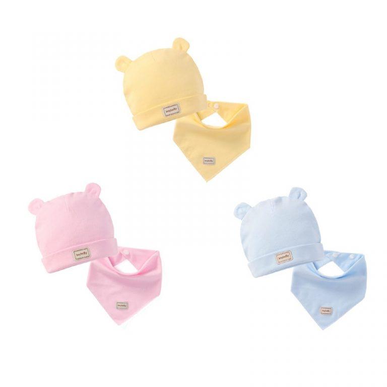 Yellow, pink and blue baby hat & bib sets to dropship in your online store 