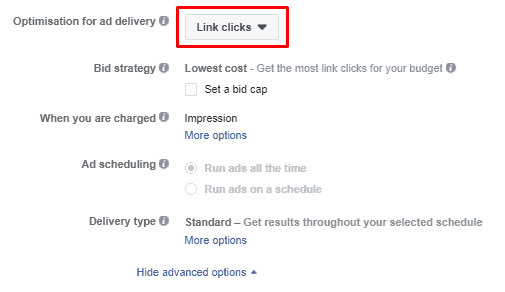 “Link clicks” as an “Optimisation for ad delivery”