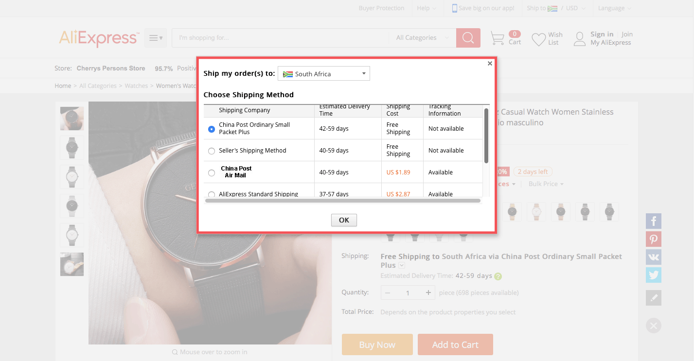 Selecting chipping options on AliExpress