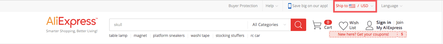 Country and currency settings on AliExpress