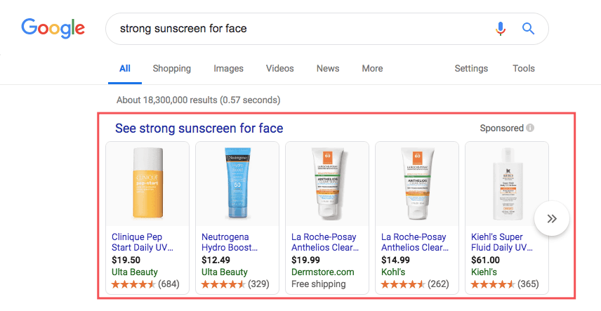Google Shopping ads showing sunscreen for face.