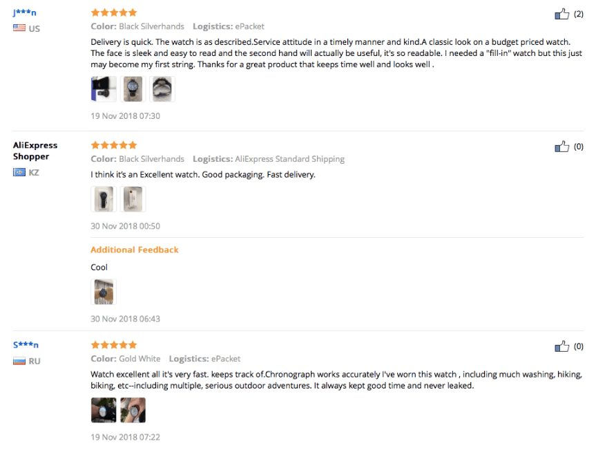 Customer reviews on AliExprerss containing customer-made photos of products