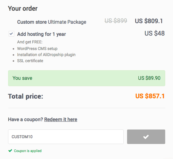 a picture showing how to get a 10% OFF AliDropship ultimate custom store