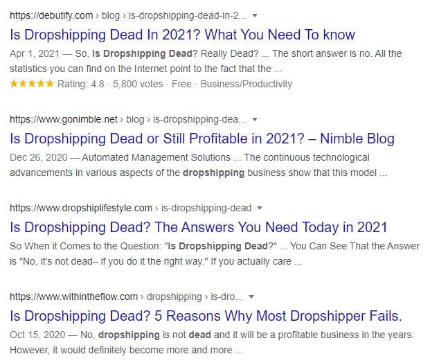 'Is dropshipping dead?' search in Google