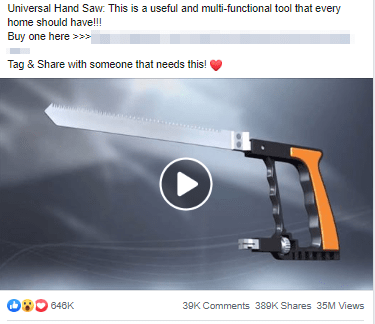 A Facebook video ad of a hand saw