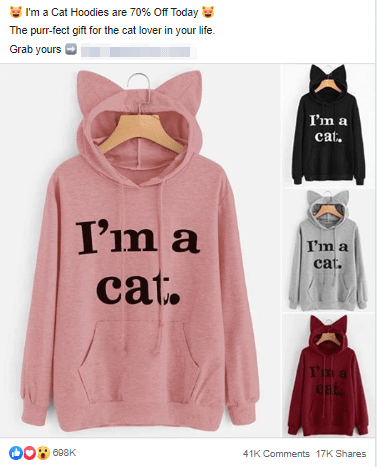 An ad of a pink hoodie with three more variations