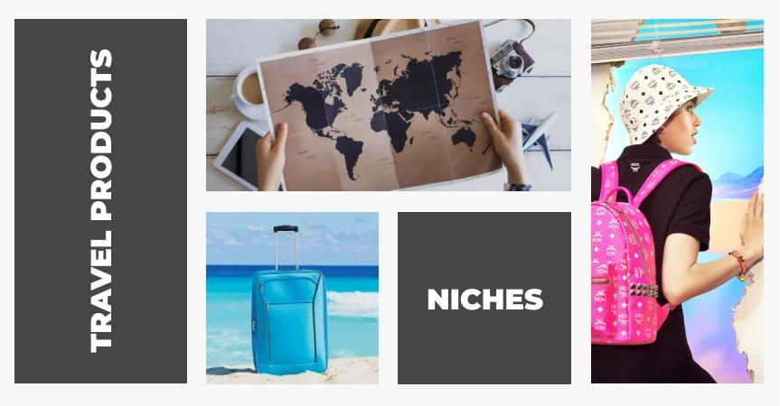 Image of a map, travel bag and a backpack as examples of what you can import to dropship travel products