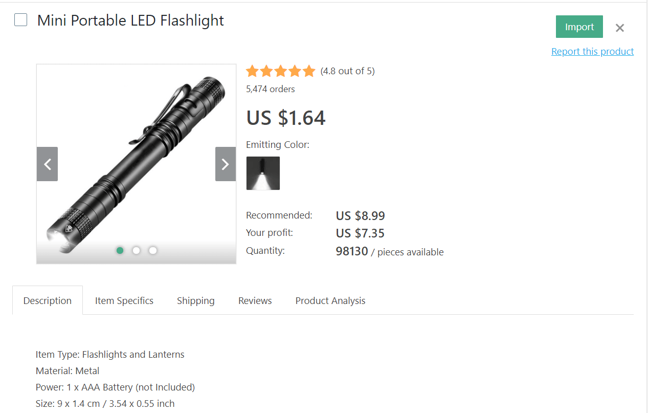 Black portable LED flashlight to dropship from your online store