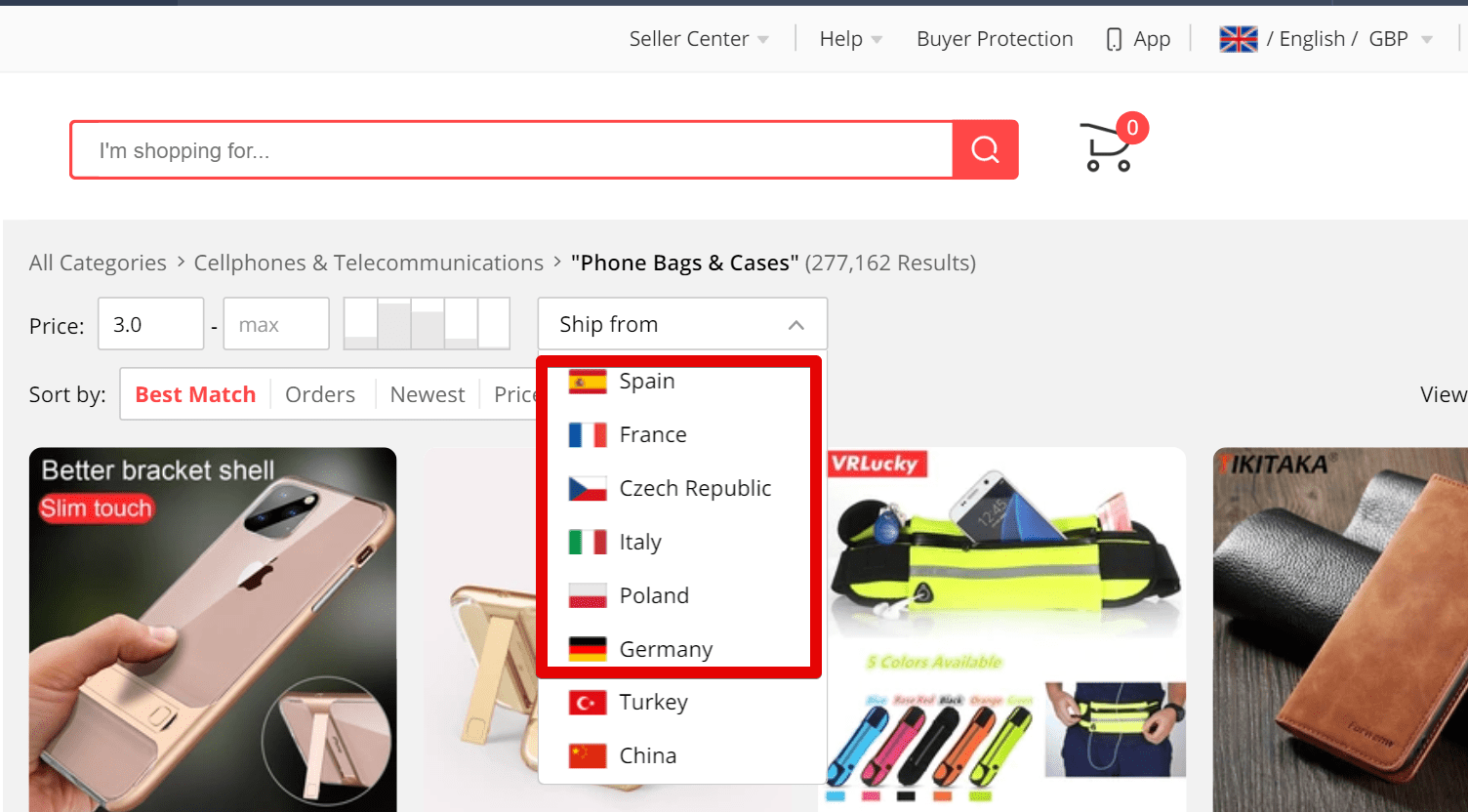 Screenshot of AliExpress search page where you can look for products that can be delivered from particular countries - Spain, France, Czech Republic, Italy, Poland and Germany