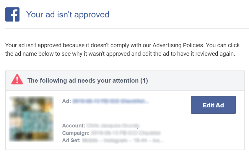 a screenshot demonstrating a situation when Facebook doesn't approve your ad