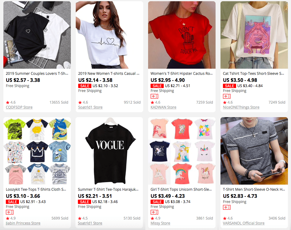 t-shirt prices on AliExpress