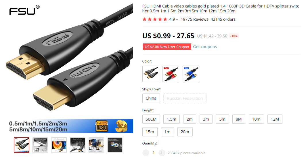 Things under 5 dollars: FSU HDMI Cable on AliExpress