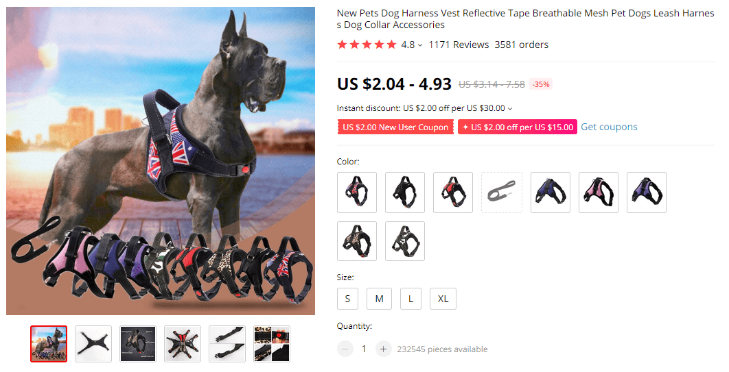 Breathable mesh dog harness on AliExpress