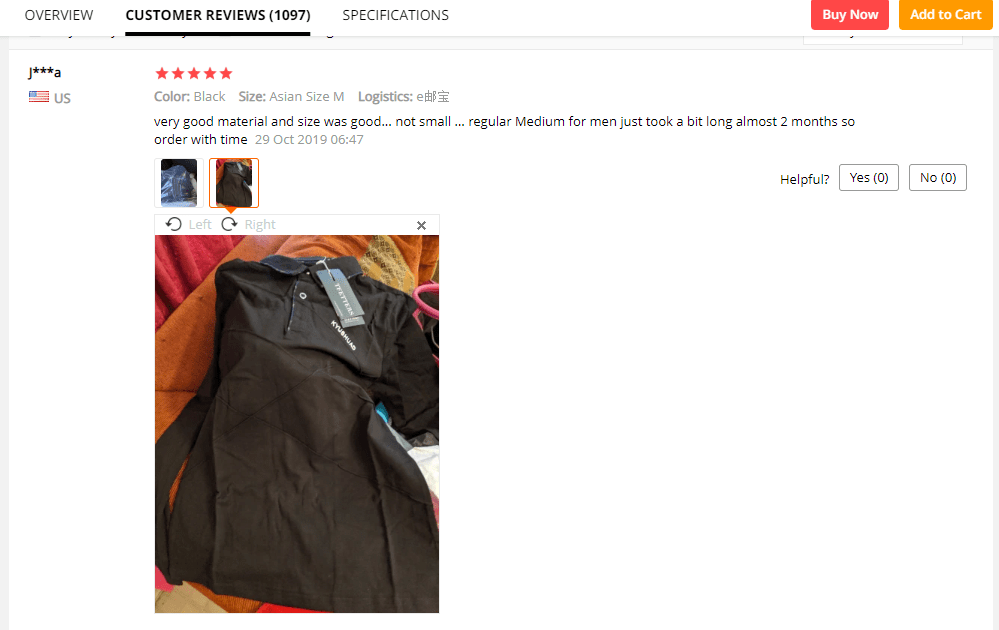 A screenshot of the customer reviews section on an AliExpress product page with a positive review from a real person