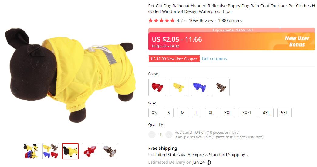 Best pet products to dropship: yellow dog raincoat