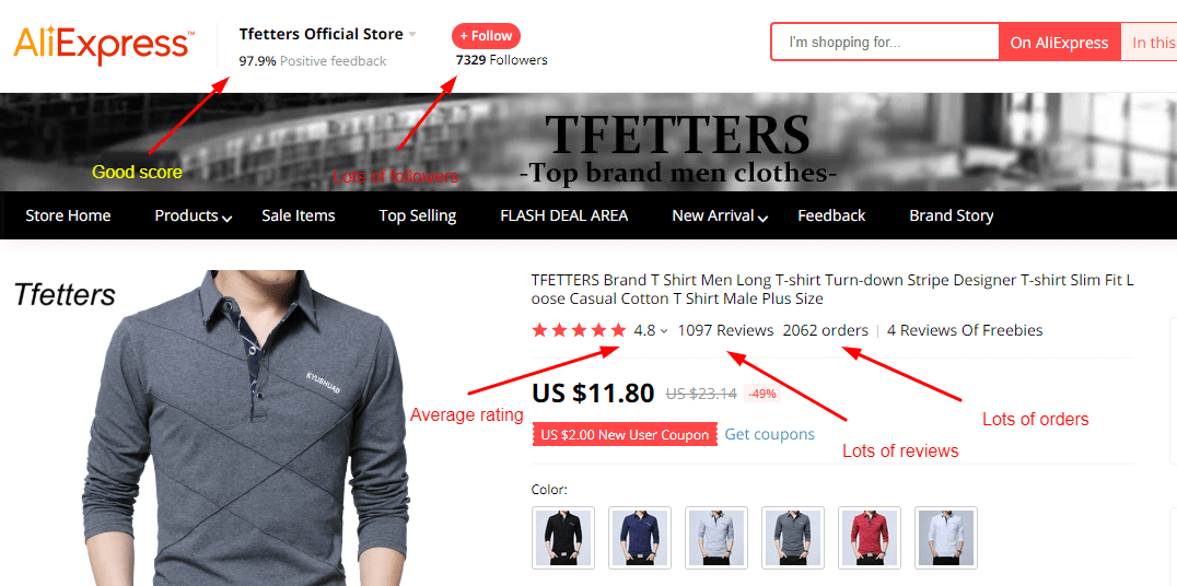 Screenshot of an AliExpress product page with highlighted elements you should pay attention to in order to guarantee a safe shopping experience