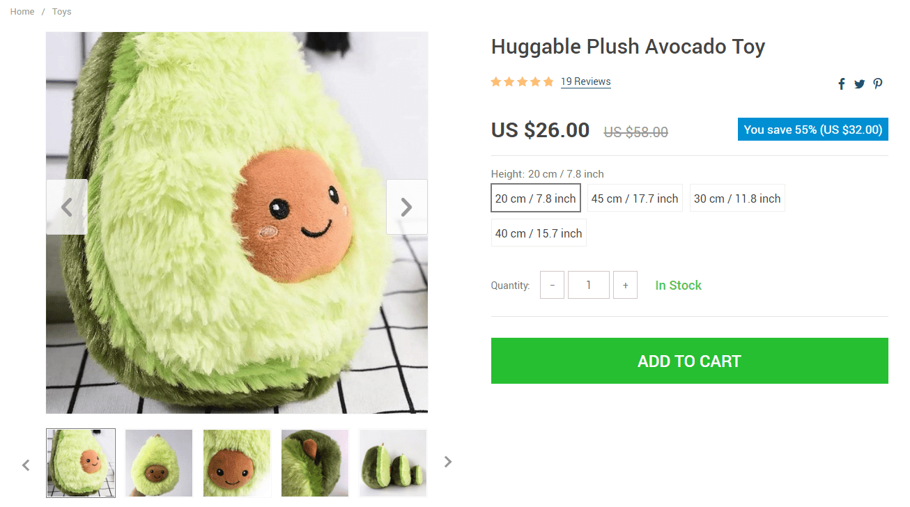 Avocado plush toy in a dropshipping store