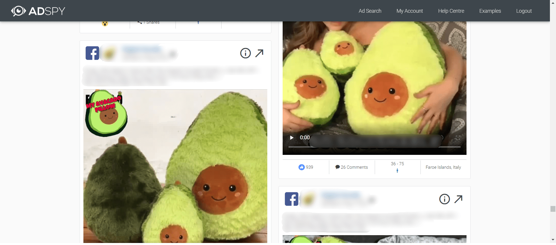Ads promoting an avocado plush toy found on AdSpy