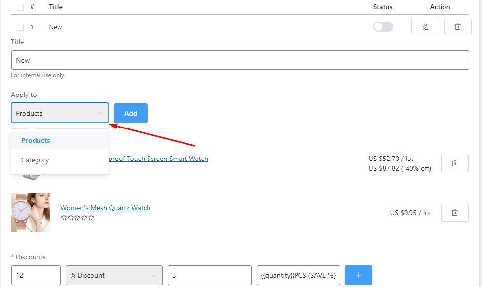 You can select a target product or category to save time on setup