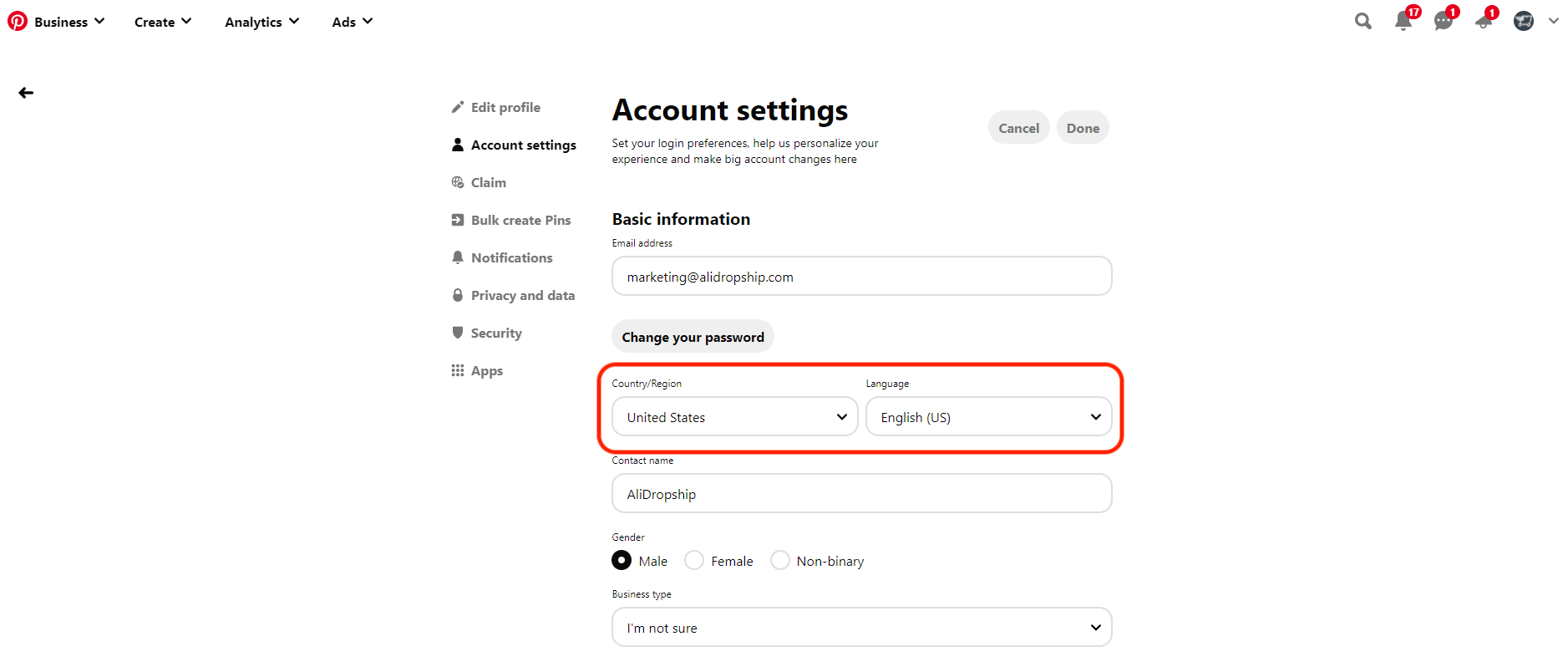 a picture showing pinterest account settings