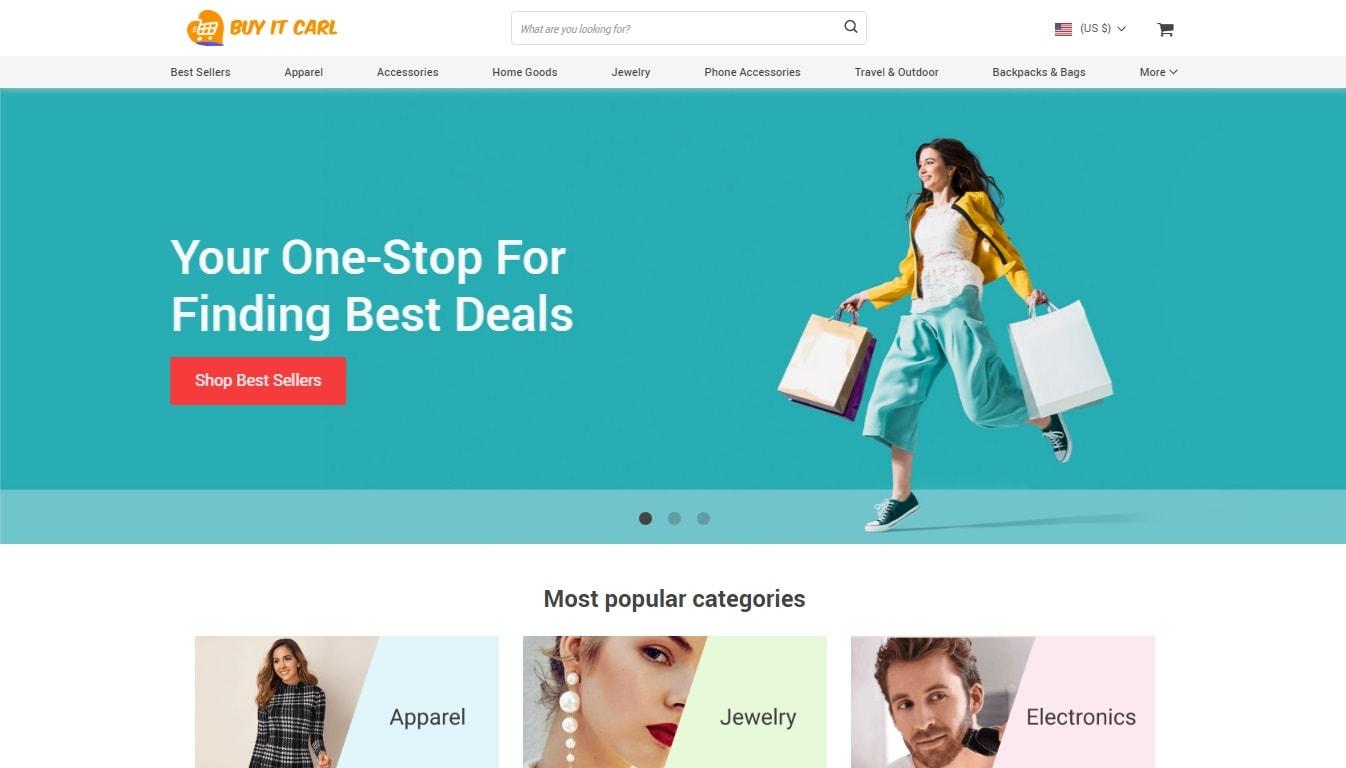 The homepage of Buy It Carl – a Premium Store which is a copy of an already functioning dropshipping website you can purchase.