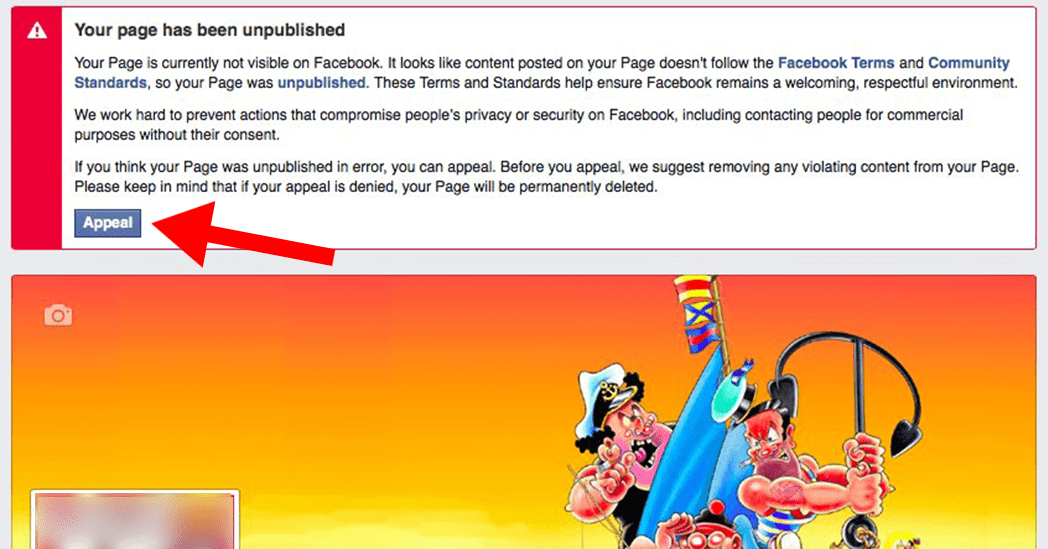 Another variant of a Facebook message telling your business page was unpublished