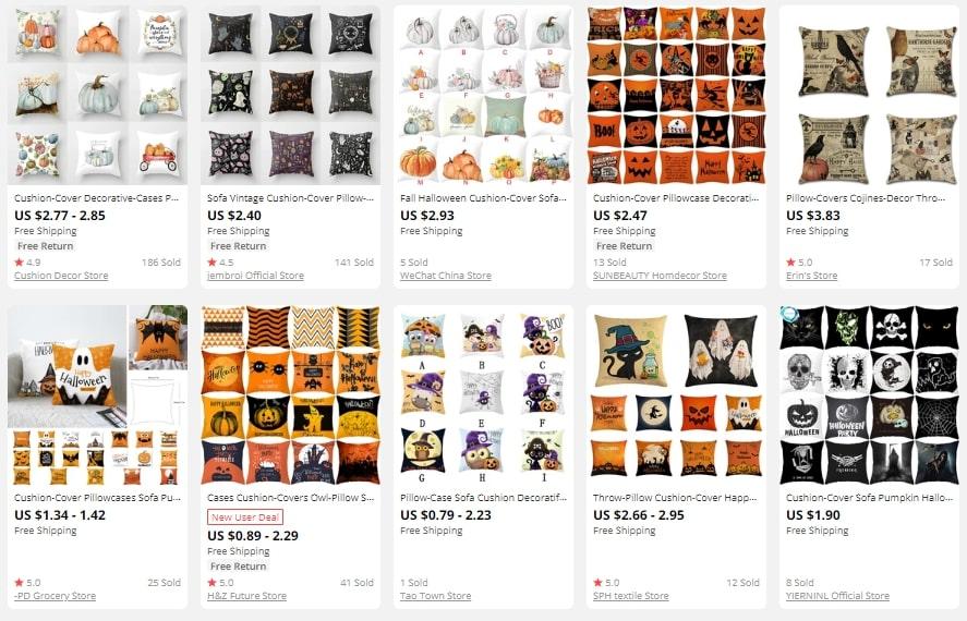 Screenshot of funny and spooky pillow covers offered on AliExpress