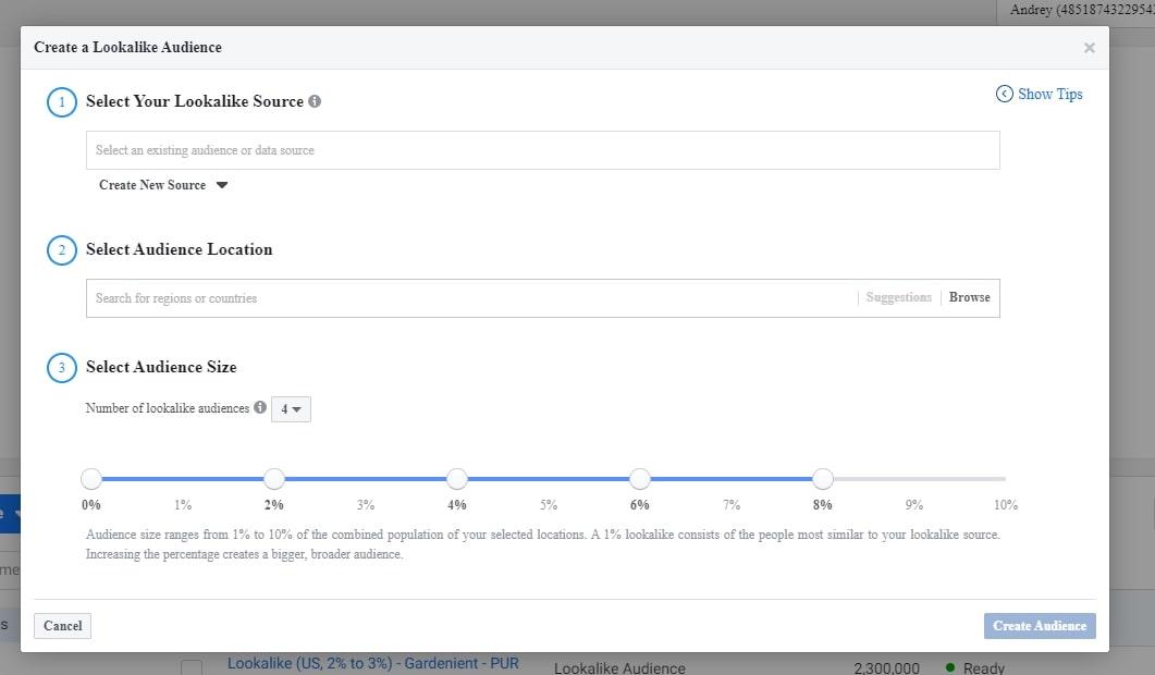 Screenshot demonstrating how you can pick segment ranges from Facebook lookalike audiences for ecommerce testing