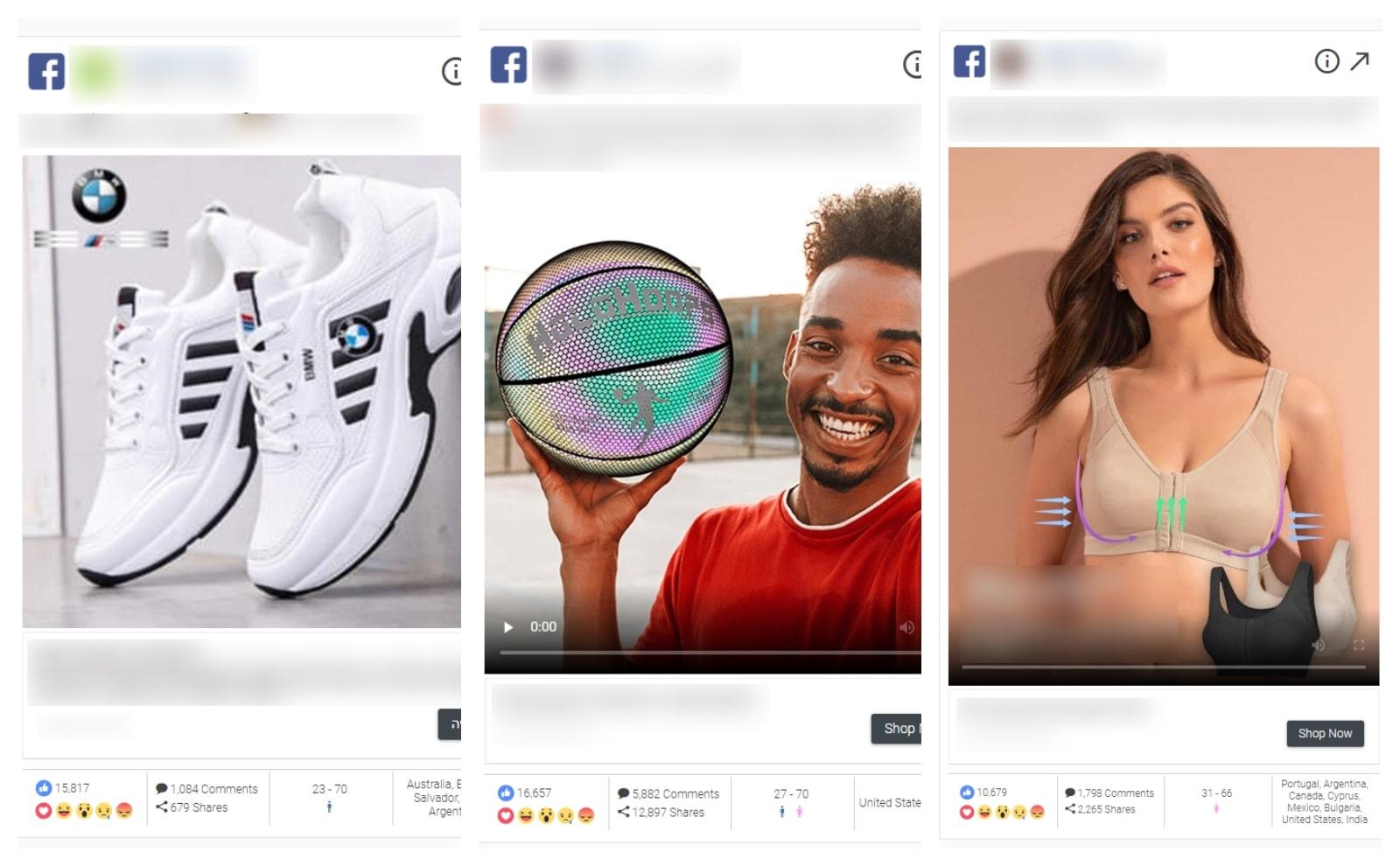 Examples of dropshipping ads on Facebook advertising sneakers, a basketball and a sports top