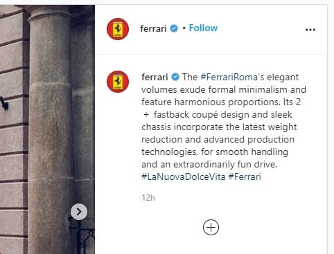 Screenshot of an Instagram post caption published by Ferrari