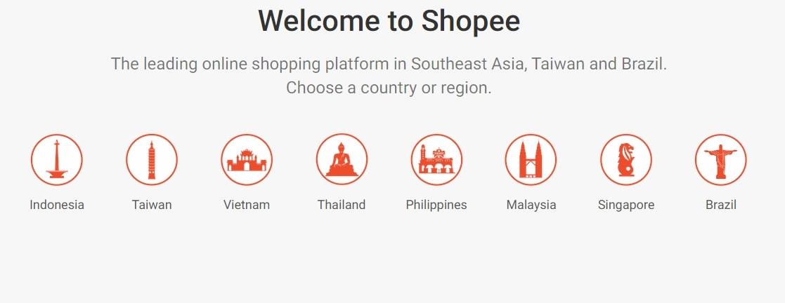 Screenshot of Shopee's homepage showing which coutries are served by the marketplace