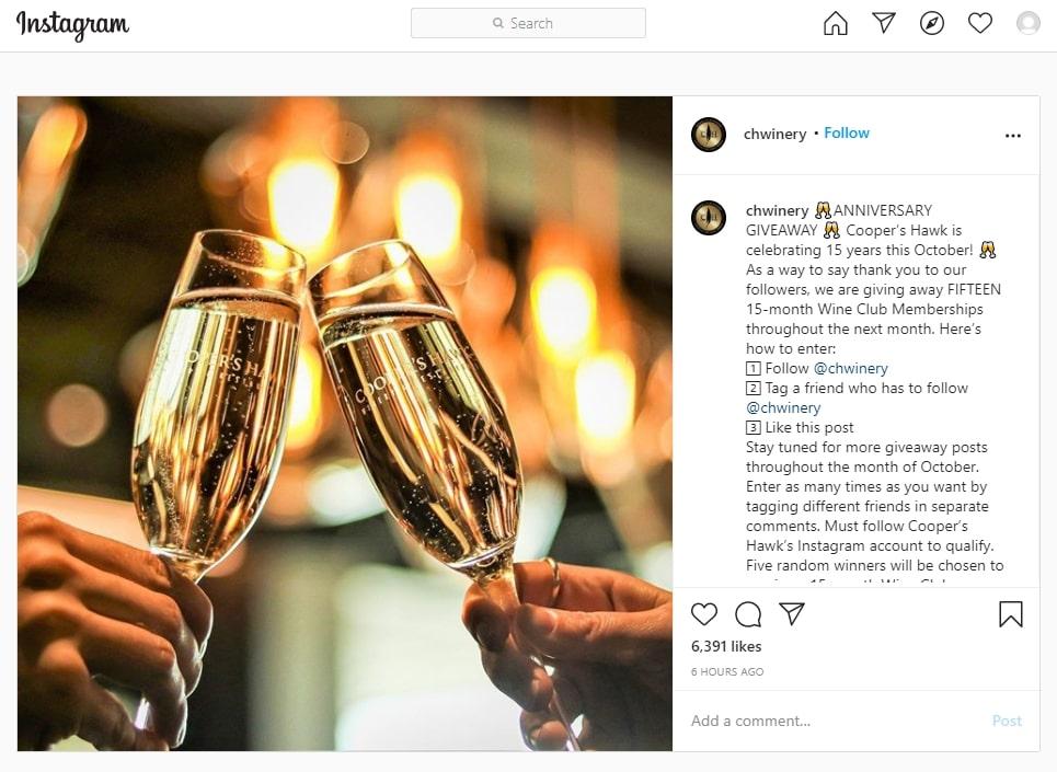 An Instagram post published by Chwinery to celebrate an anniversary with a contest