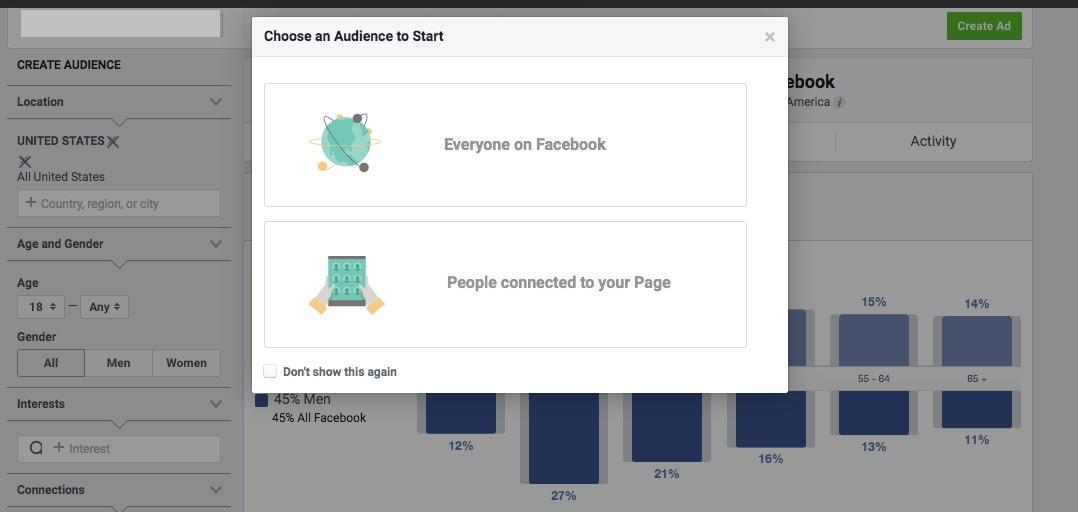 Audience Insights block that lets you choose between two audiences: everyone on Facebook and people connected to your page.