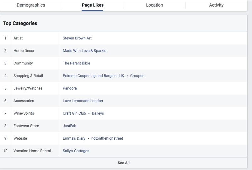 At the top of the Page Likes section of Audience Insights, you will find Top Categories block