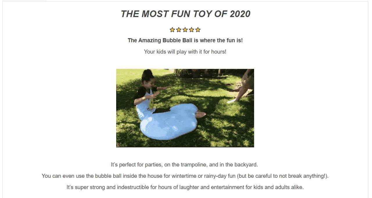 A product description containing a GIF file that demonstrates kids playing with the product