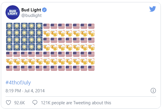 An example of Bud using emojis in a tweet to celebrate the Fourth of July