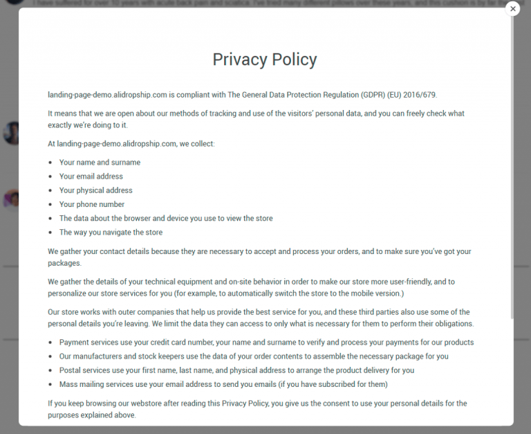 An example of a pop-up window with a store privacy policy