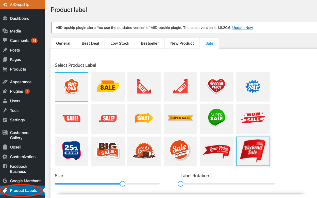 a screenshot demonstrating how to use product labels add-on for business