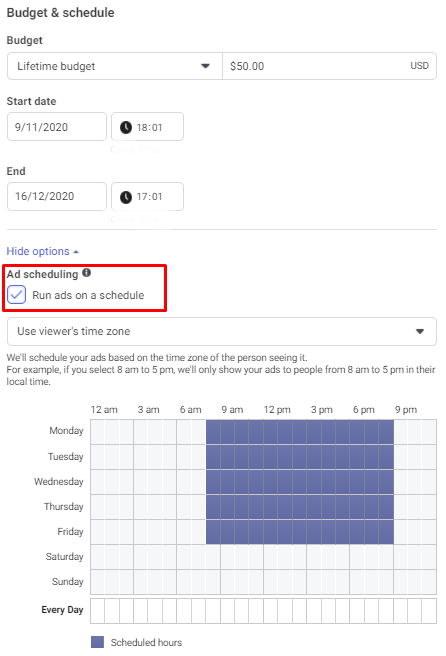 How to advertise on Facebook: scheduling the ad