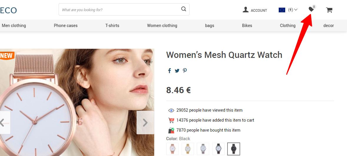 Wish List add-on's button in the header of an online store.