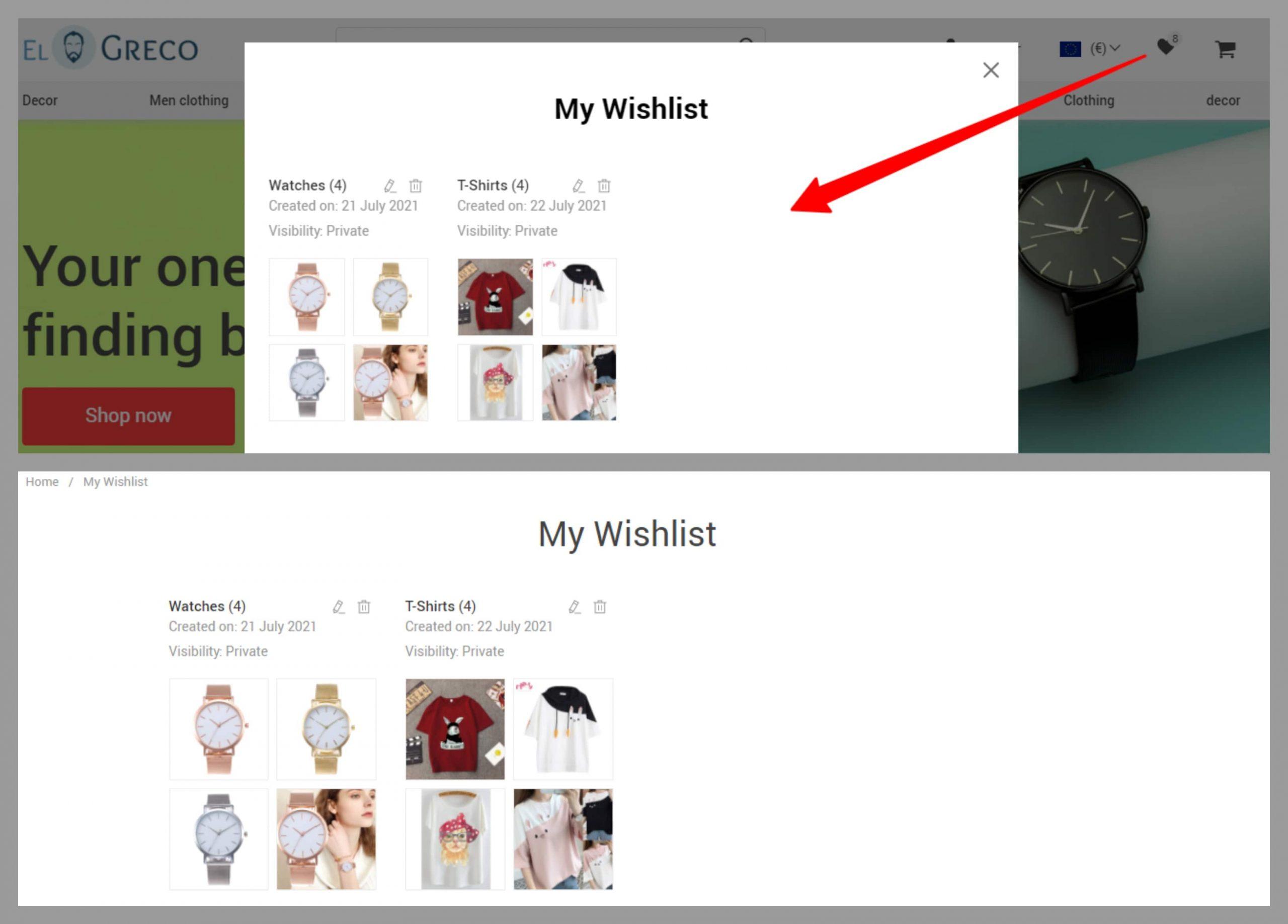 Wish lists displayed as a pop-up window and as a separate page on an online store.