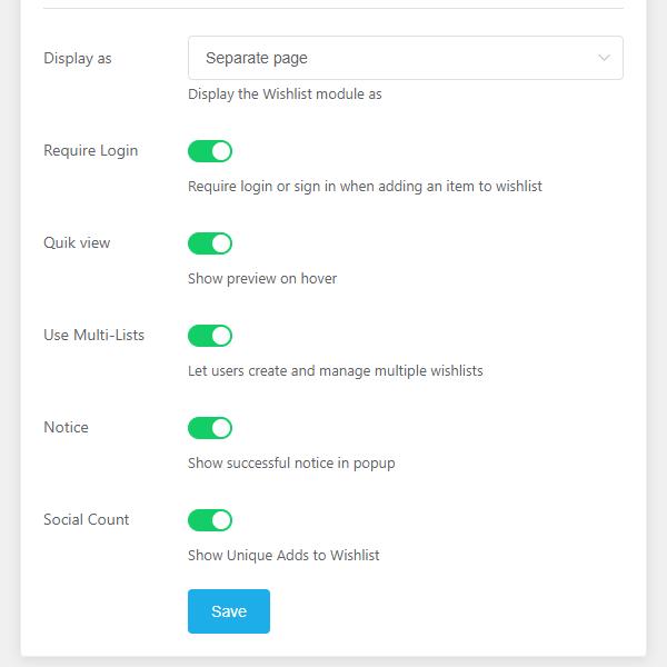 The Wish List add-on's settings in the admin panel.
